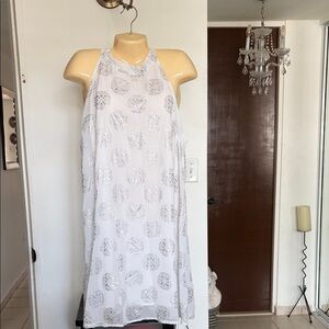 Elegant White and Silver Patterned Midi Dress